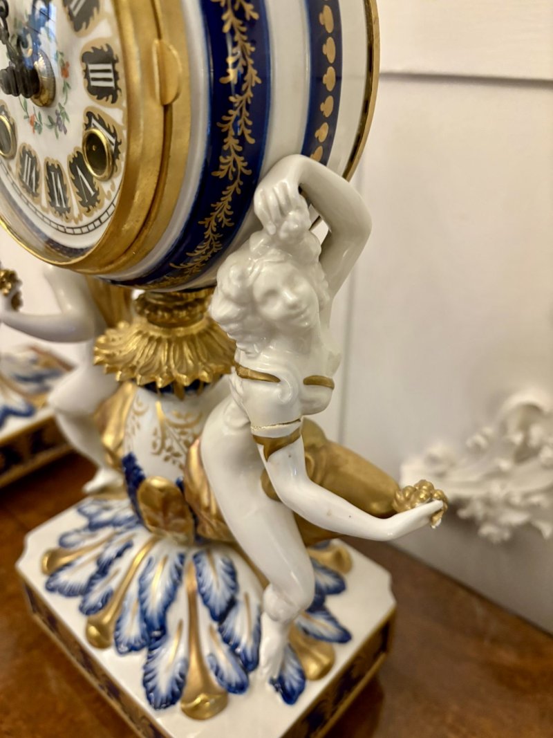 Outstanding Quality Large Antique Victorian French Porcelain and Gilded Metal Clock Set - Image 3